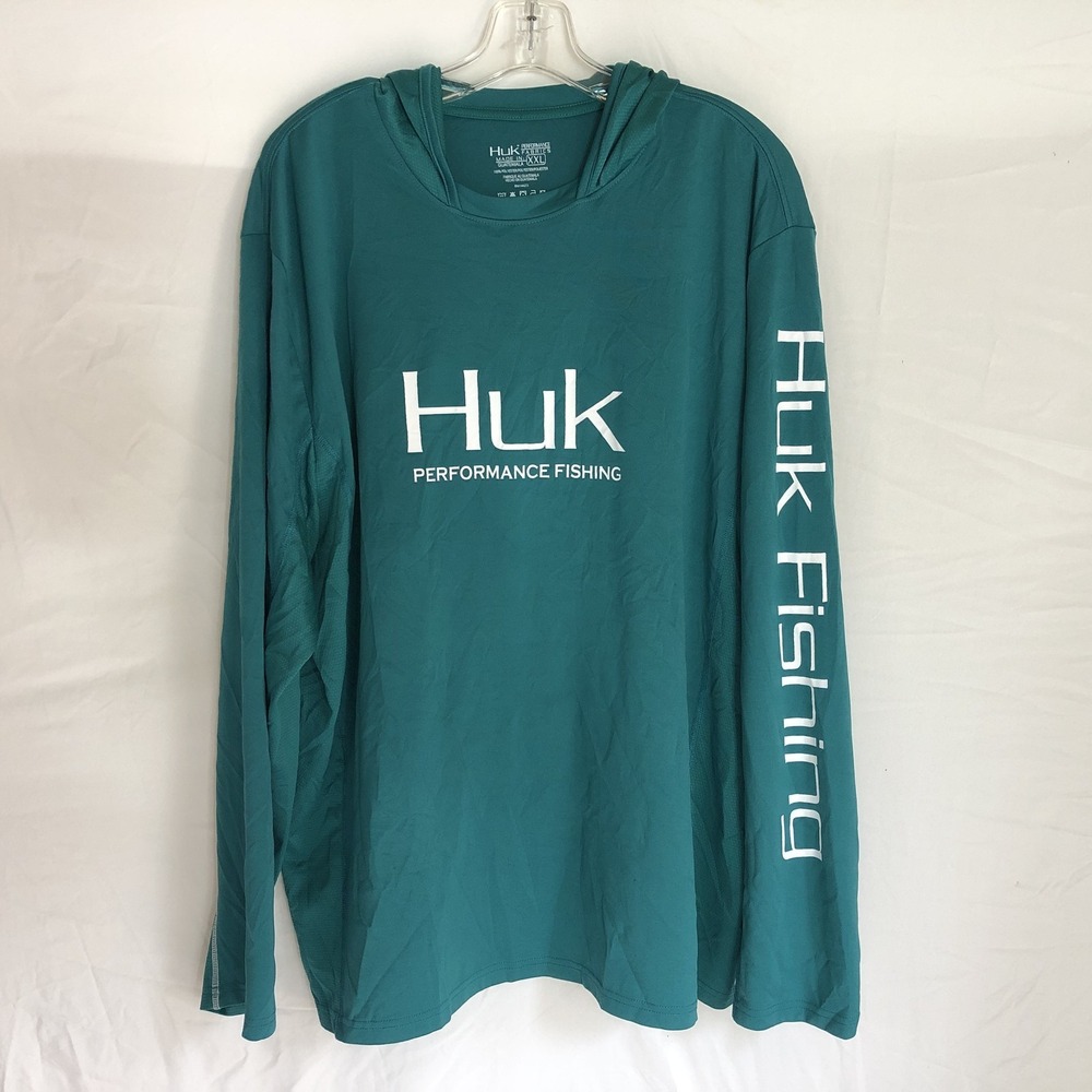 Huk Shirt Mens 2XL Green Hooded Long Sleeve Performance Fishing Logo Tee